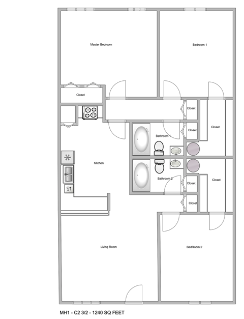 Floor plan for 3 beds, 2 baths, 1240 sqft